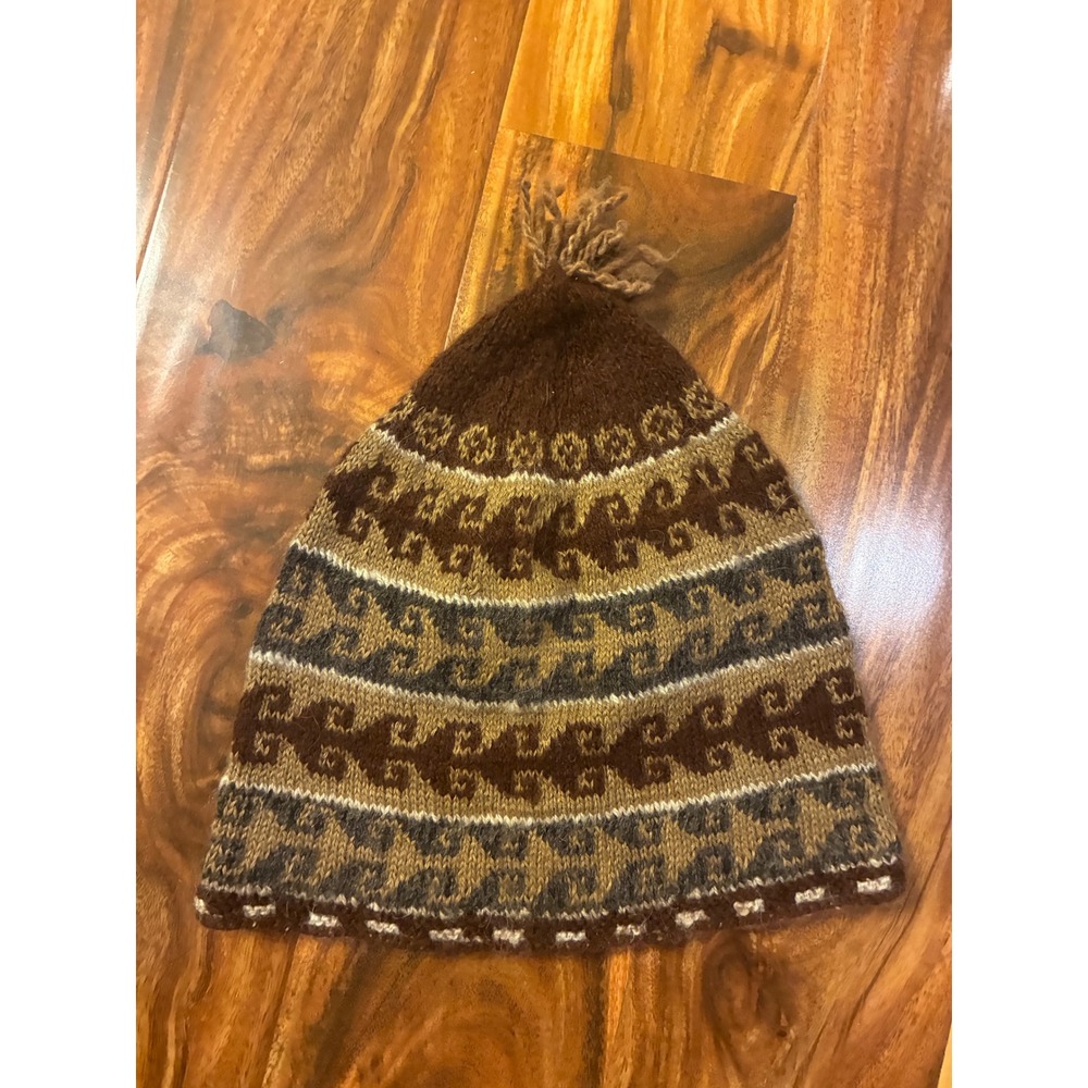 Handmade Peruvian Knit Beanie Brown Tan Geometric Andean Tassel Winter Hat
